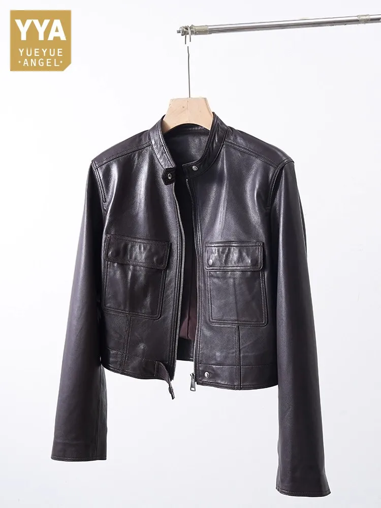 2025 Autumn New Womens Genuine Leather Jacket Office Lady Coat Real Sheepskin Zip Straight Stand Collar Short Motorcycle Jackets