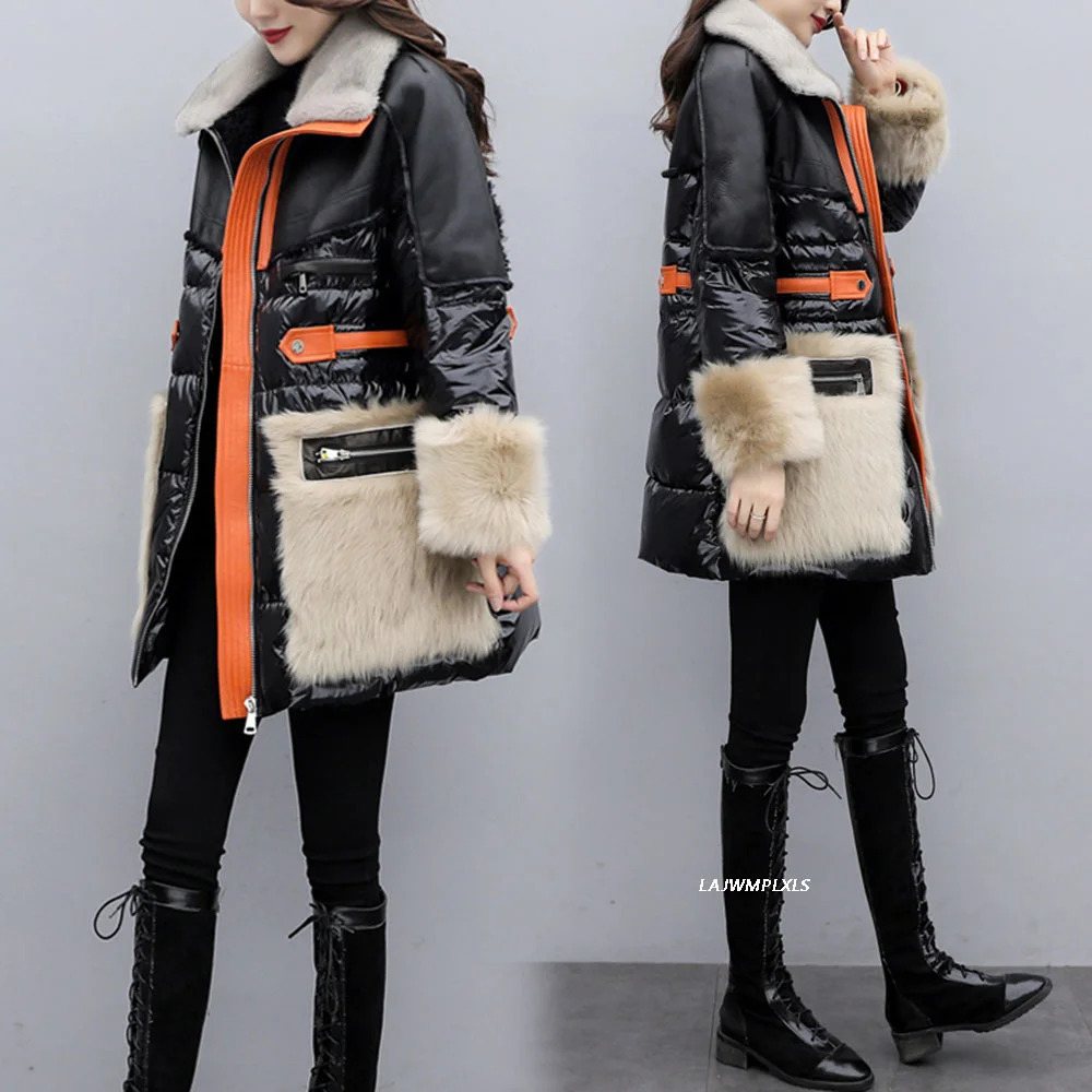 Duck 90% white Jacket Patchwork Fur Coats 2023 Fashion Women Overcoat Winter Turn-down Collar Down Parka