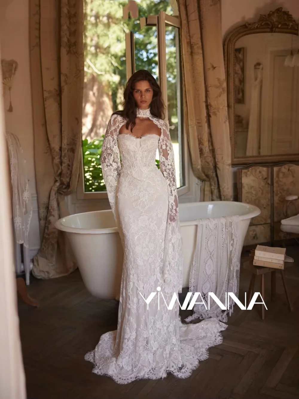 Abito da sposa lungo con perline con maniche staccabili Abito da sposa con scollo a cuore in pizzo 2026 Splendidi abiti a sirena personalizzati per la sposa
