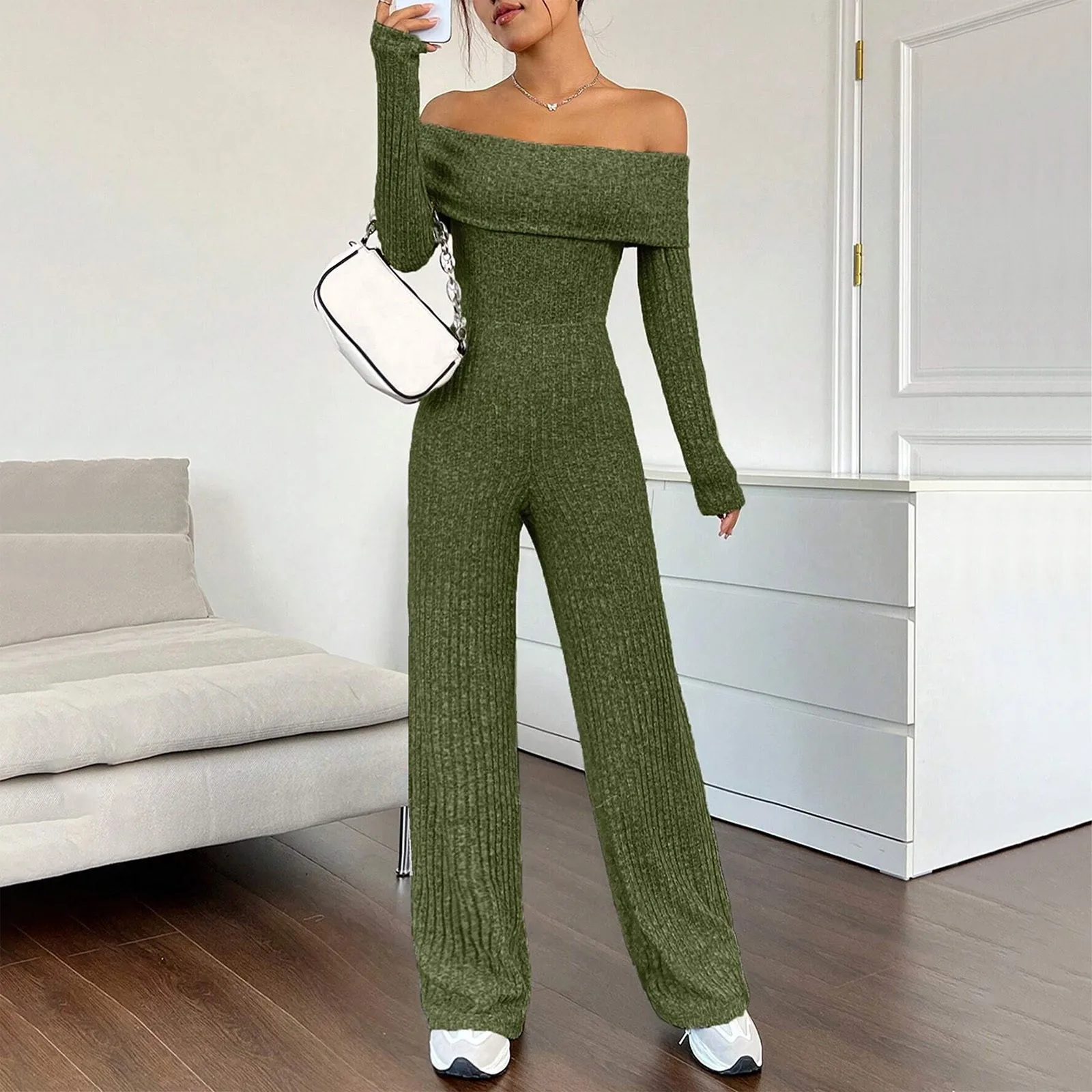 Women's Ribbed-knit Jumpsuit Fashion Casual Solid Folded Off-the-shoulder Jumpsuit Slim Fit Top Loose Wide Leg Bottom Jumpsuit