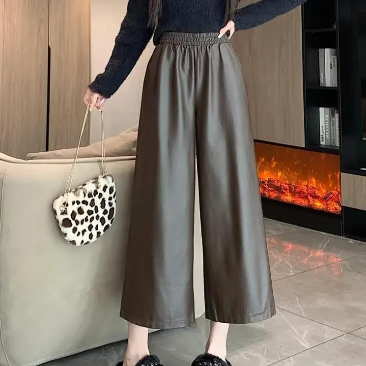 

2024 New Leather Pants for Women Autumn Korean PU Leather High Waist Wide Leg Nine Fen Fashionable Harun Pants