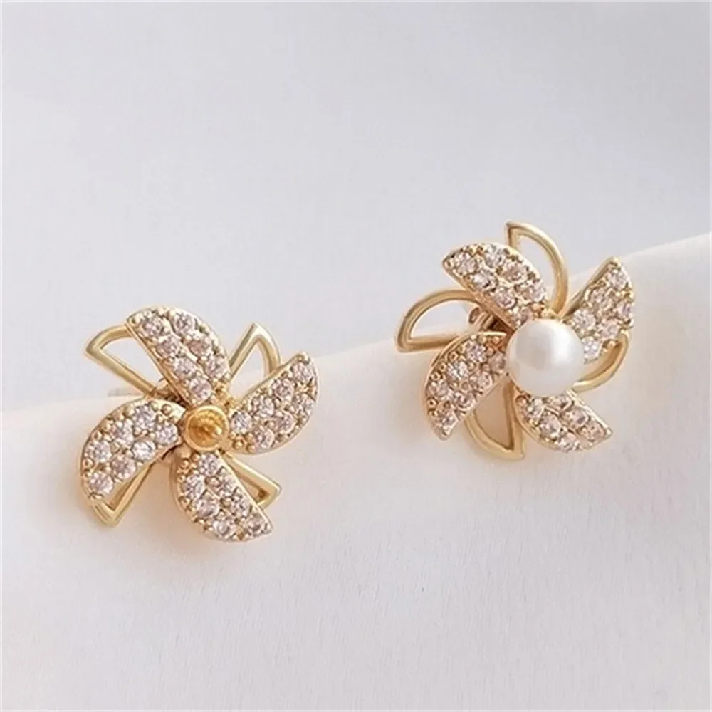 

Rotating Windmill Earrings with Half Hole Pearl Bracelet 925 Silver Needle DIY Exquisite Style Earrings E187