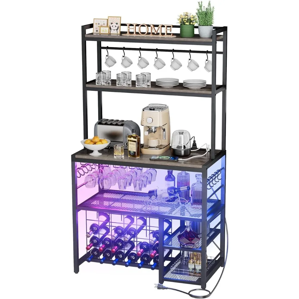 

Liquor Cabinet With Glasses Holder Movable Storage Shelf Wine Decoration Wine Bar Cabinet With Outlet and LED Light Bottle Rack