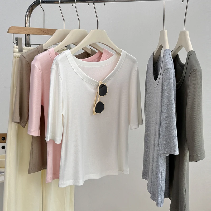 Modern Chic Women's Regular Shoulder Crew Neck Half Sleeve T Shirt Summer Lightweight Stretch Slim Fit Basic Top