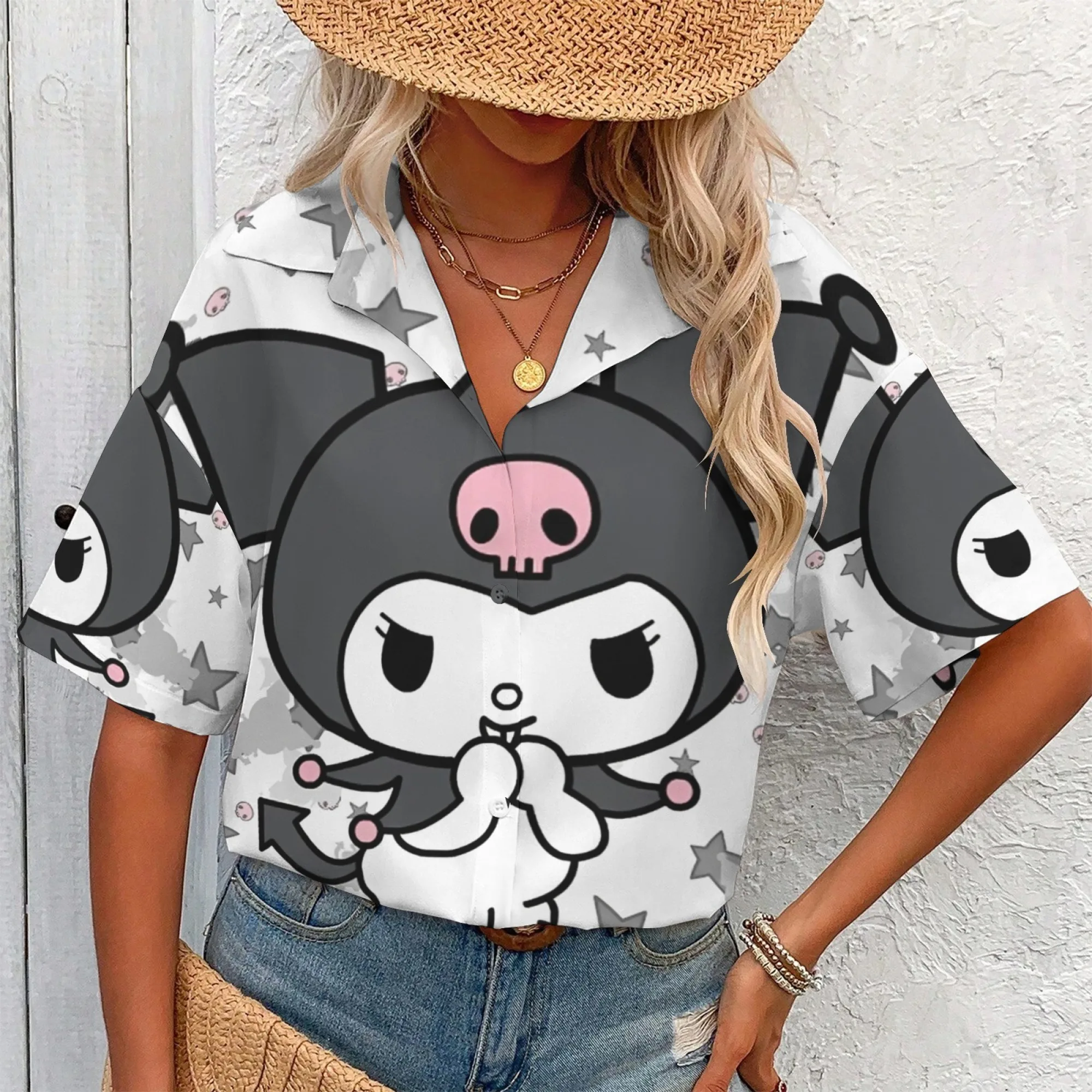 Kuromi Shirt Girls 한국어 리뷰 많은 옷 Kuromi 셔츠 플러스 사이즈 여성 의류 탑 여성 오버 사이즈 티셔츠 Y2k Women's Man