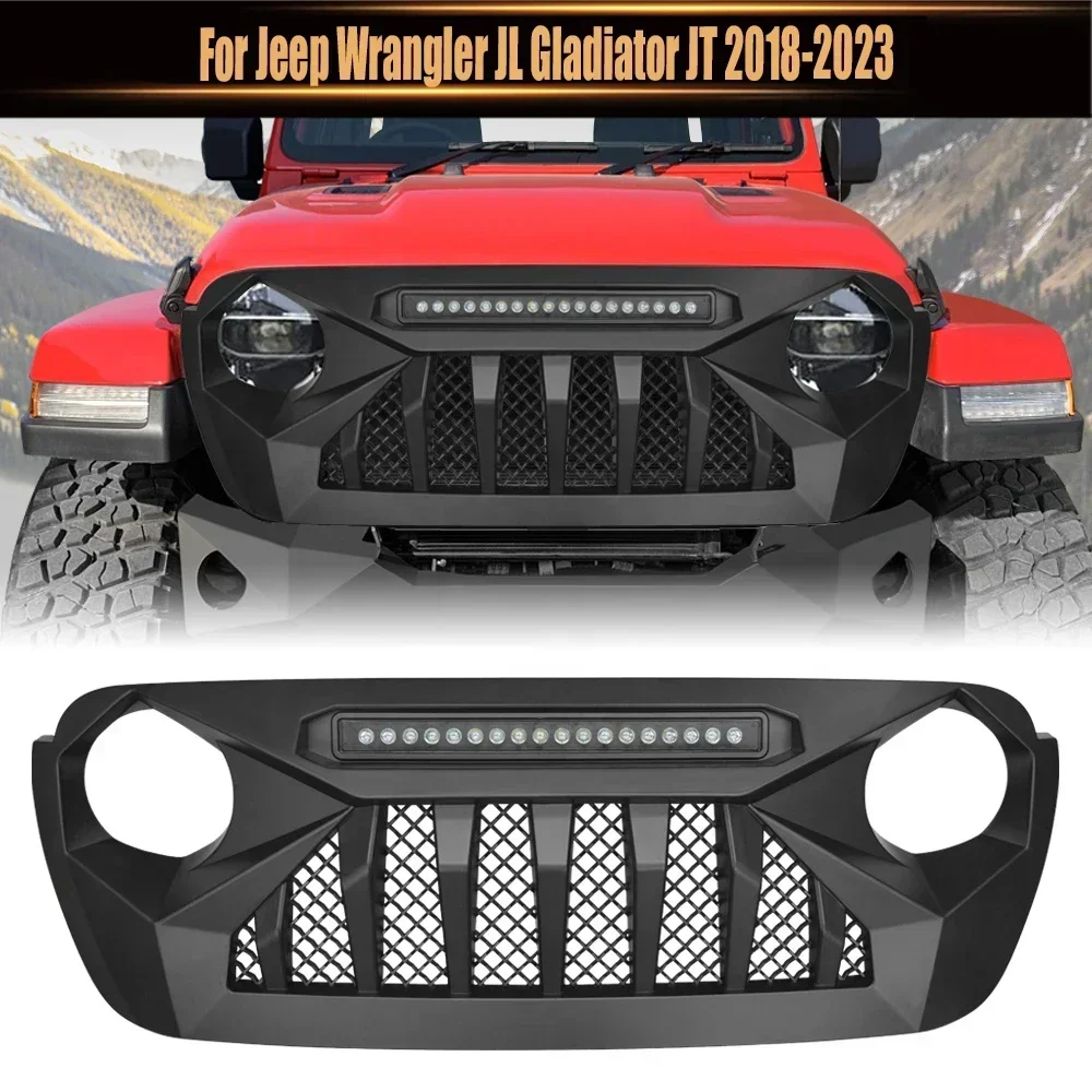 

For Jeep Wrangler JL Gladiator JT 2018-2023 Accessories Front Upper Grille Mesh Cover Bumper Grills Grill With LED Light Bar