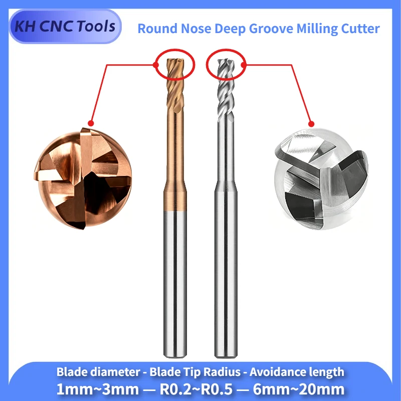 Carbide Round Nose Deep Groove Milling Cutter Long Neck Milling Cutter Micro Diameter Round Corner Deep Groove End Mill R0.2 0.5