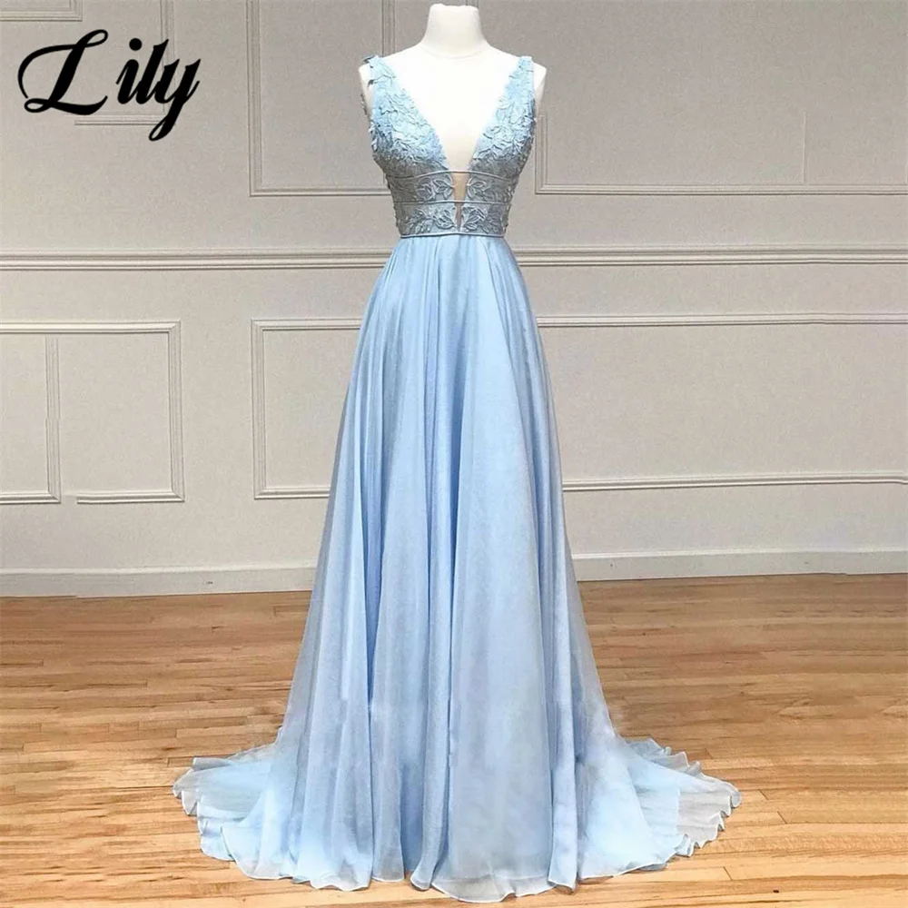 

Lily Simple Blue A Line Formal Dress Layer Appliques Party Dress V-Neck Tank Pleat Sleeveless Special Occasion Dress robe soirée