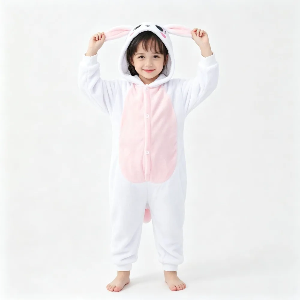 Children Flannel Jumpsuits Unicorn Rabbit Cow Dog Animal Cartoon Kigurumi Pajamas Boys Pyjamas Girls Oneises Cosplay Costume