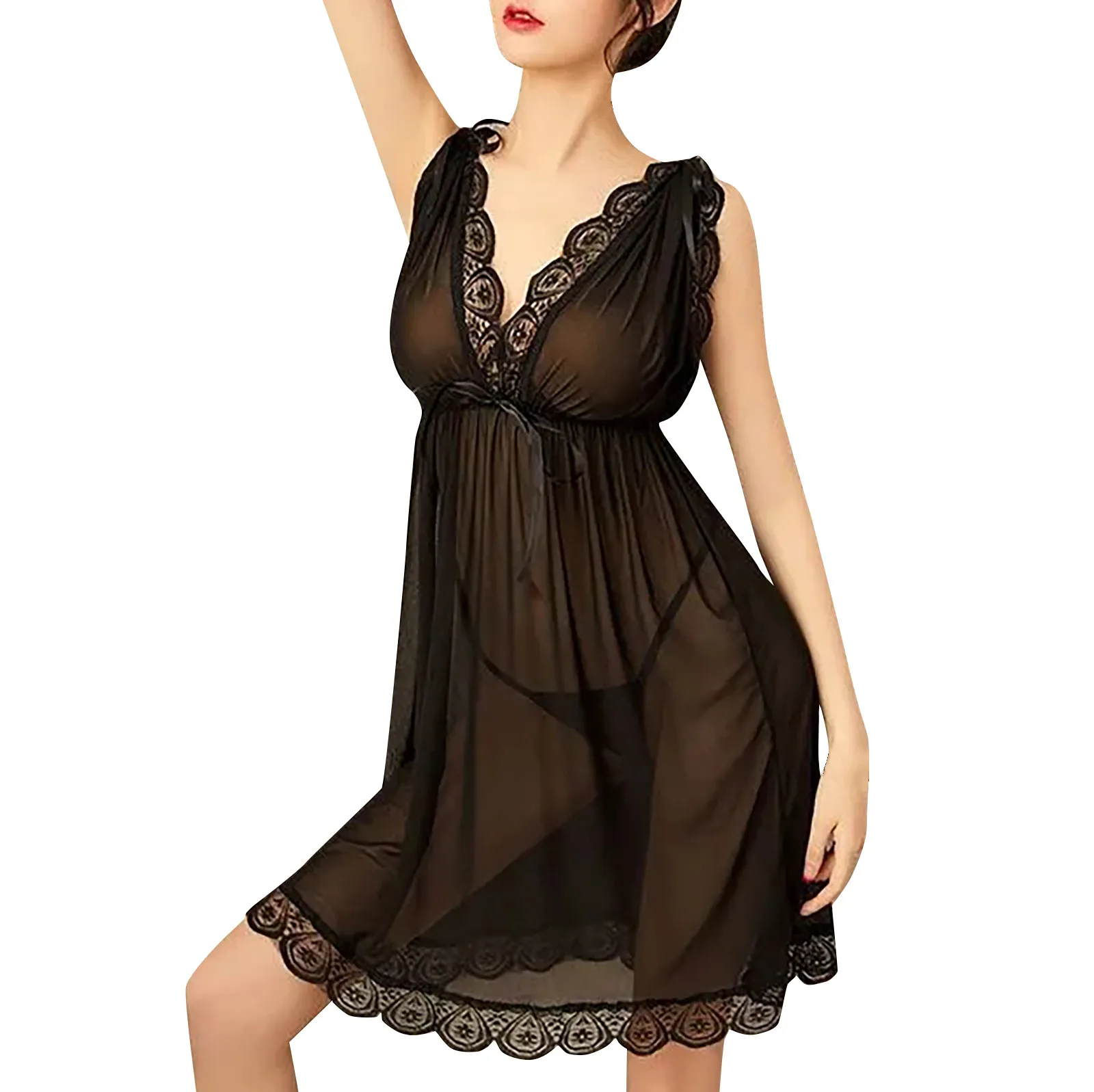 

Erotic Perspective Balck color V-neck Mesh Sexy Mini Dress for Female Fashionable Lightweight Lace Edge Sexy Home Clothes