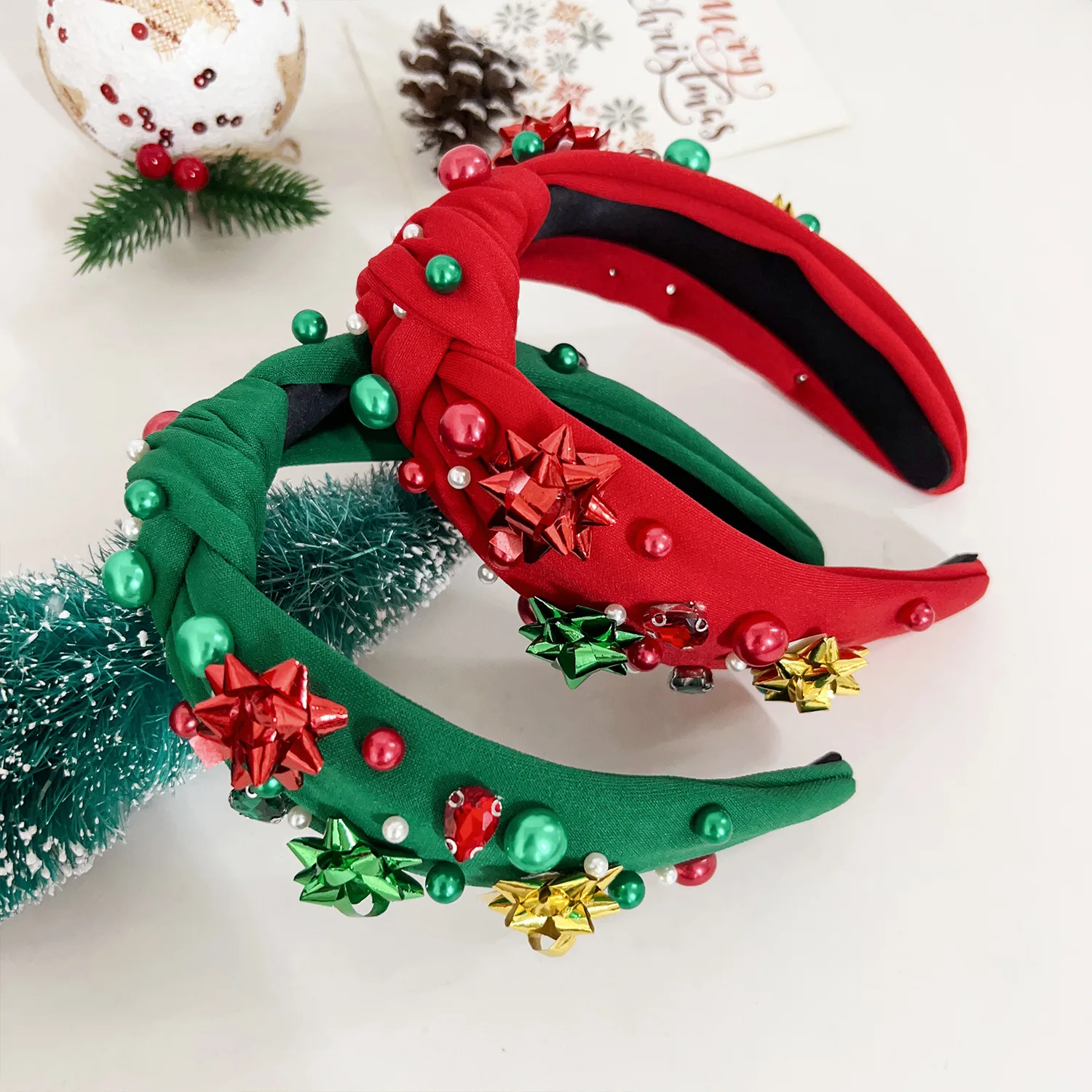 

New European & American Christmas Headband with Pearl Knots & High Crown Holiday Hair Accessory Christmas Gift