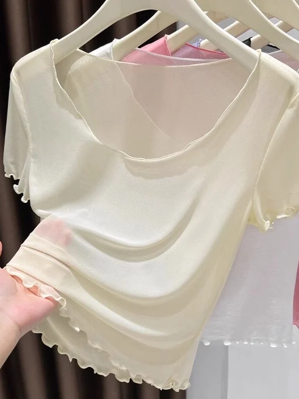 Purple Slim Fit Short Sleeve T-Shirt Ice Silk Roll  Low Collar Women's Summer Top Thin Material Breathable Moisture Wicking