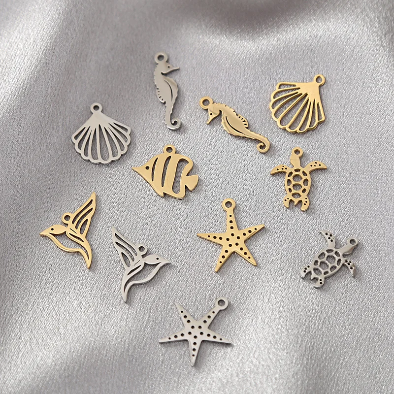 10pcs Stainless Steel Tropical Marine Life Seahorse＆Sea Turtle＆Starfish＆Shell Charms Pendant For DIY Jewelry Making Findings