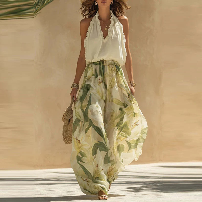 

Waist Long Pant Outfit Sexy V-neck Sleeveless Top & Print Pant Set Holiday Dress Elegant Temperament Ruffle 2 Piece Suit