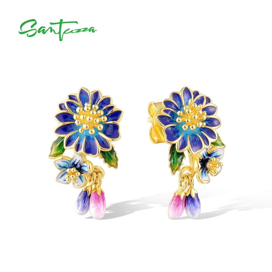 

SANTUZZA 925 Sterling Silver Earrings For Women Sparkling Blue Floral Enamel Fashion Dangle Wedding Gifts Perfect Fine Jewelry