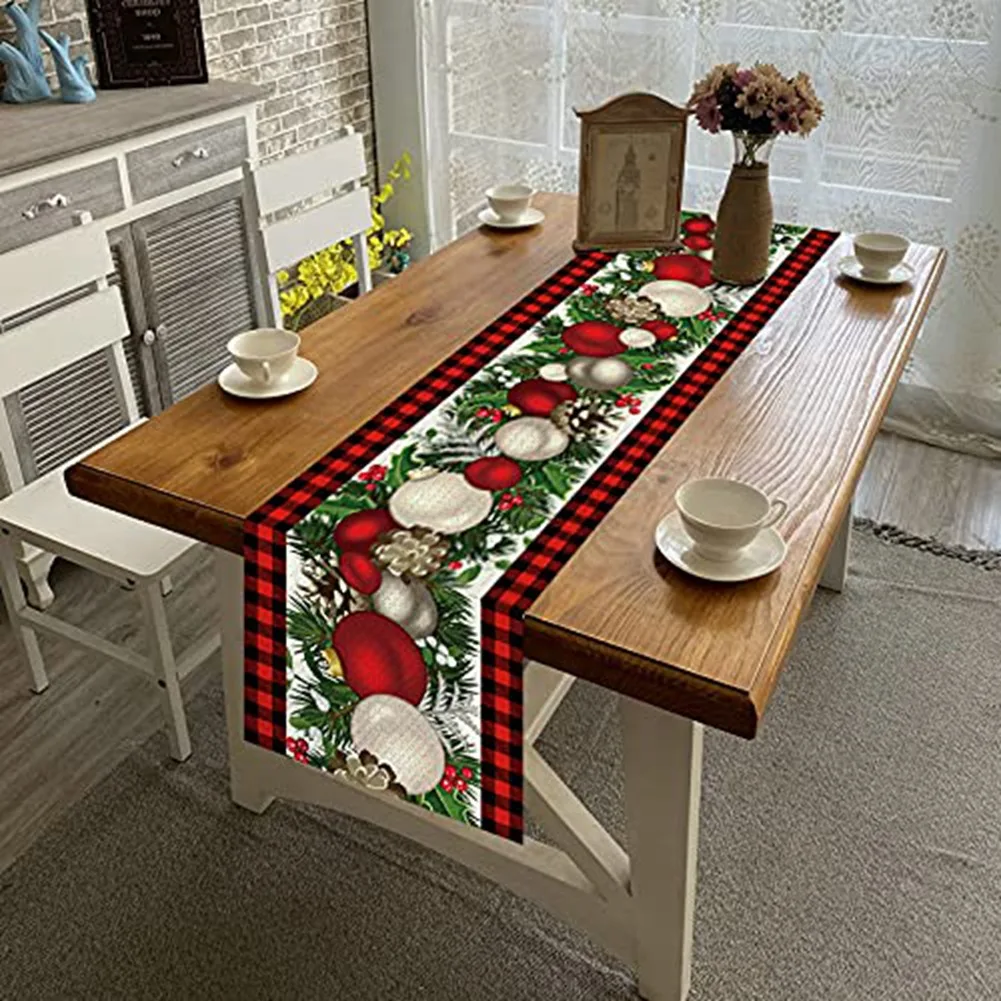 Camino de mesa navideño a cuadros rojos y negros de lino, Decoración de mesa navideña de temporada de invierno, 72 pulgadas de largo