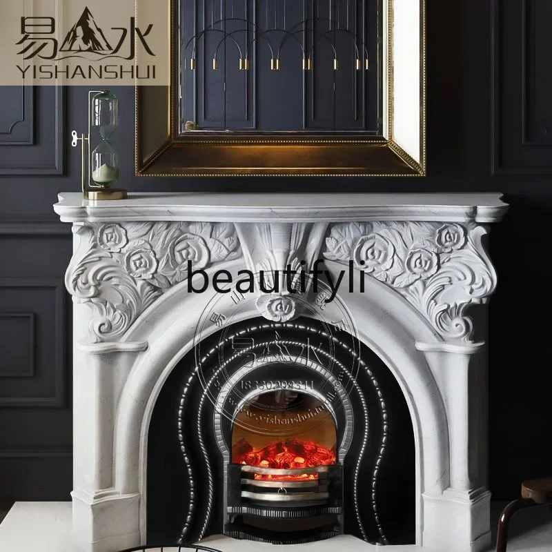 P Marble mantel European carved natural stone decorative cabinet, living room heating stone fireplace customization
