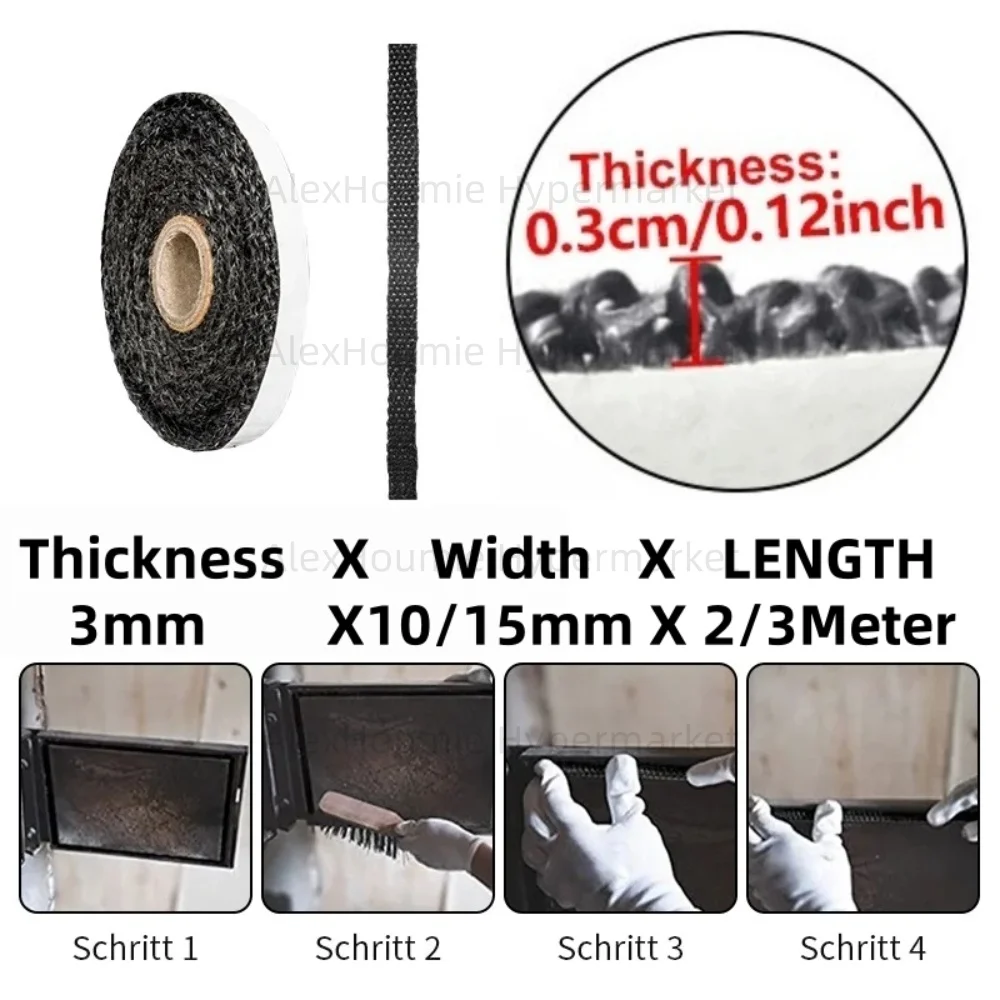 Black Flat Stove Rope Self-Adhesive Fiberglass Fireplace Door Sealing Strip Cord Replacement Gasket Tape 10/15mm Width 2m Length