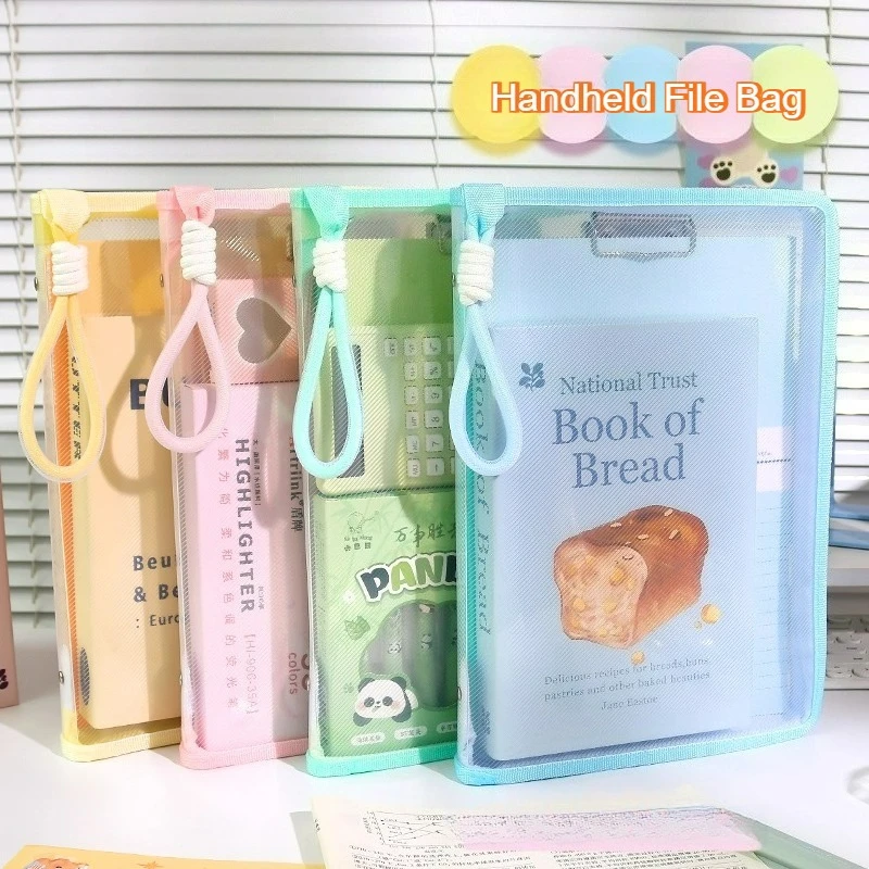 A4 File Bag Built-in Clipboard Pastel Color Handheld Zipper Design U-Shaped Opening 180° Flat-Lay Cute Stationery Small Gift