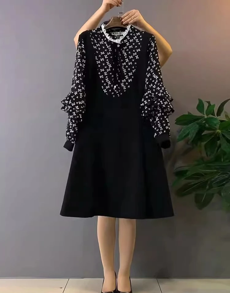 Frühling Herbst Plus Größe Temperament Koreanische Süße Bogen Spitze Kleid Mode Alter-Reduzierung Hohe Taille A-line Gefälschte Zwei taille Kleider