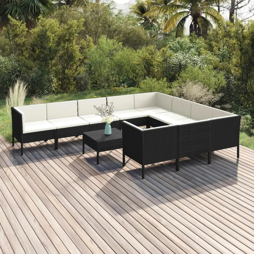 11-Piece Black Poly Rattan Patio Lounge Set with Cushions - Outdoor Furniture Collection