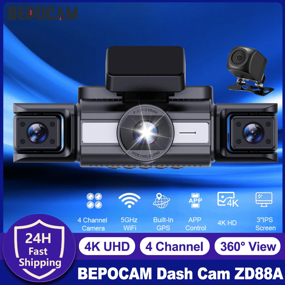 

BEPOCAM 4CH Dash Cam 4K for Car 360° View DVR Camera 24H Parking Mode GPS WiFi & APP Control Video Recorder Night Vision ZD88A