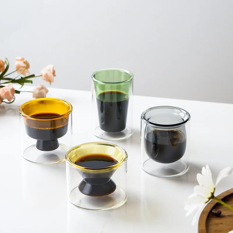 Hitzebeständige Doppelwandige Kaffee- und Teetasse aus Hochborosilikatglas, Ins-Stil Weinglas, Probierbecher, Wasserbecher, AroN Farbig