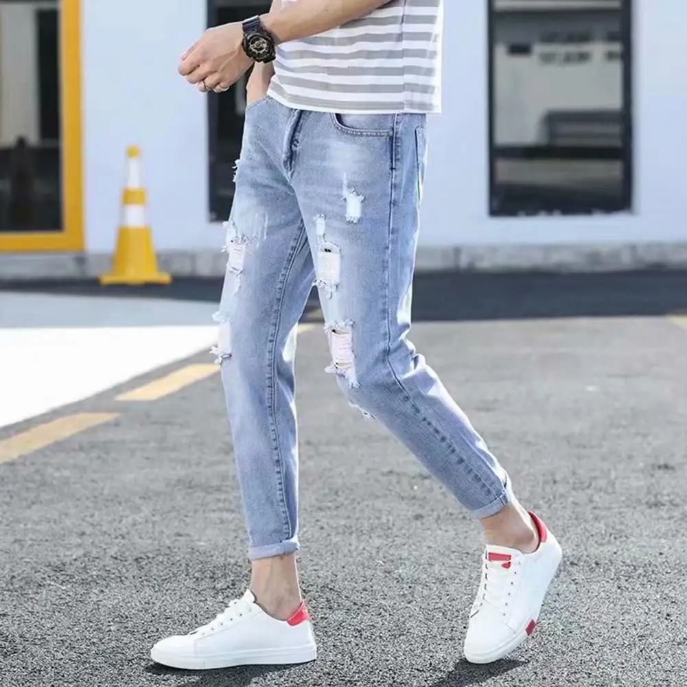 Trendy Denim Pants Mid-rise Ankle-Length Men Stretchy Ripped Tassel Denim Pants Comfy Denim Trousers Daily Garment