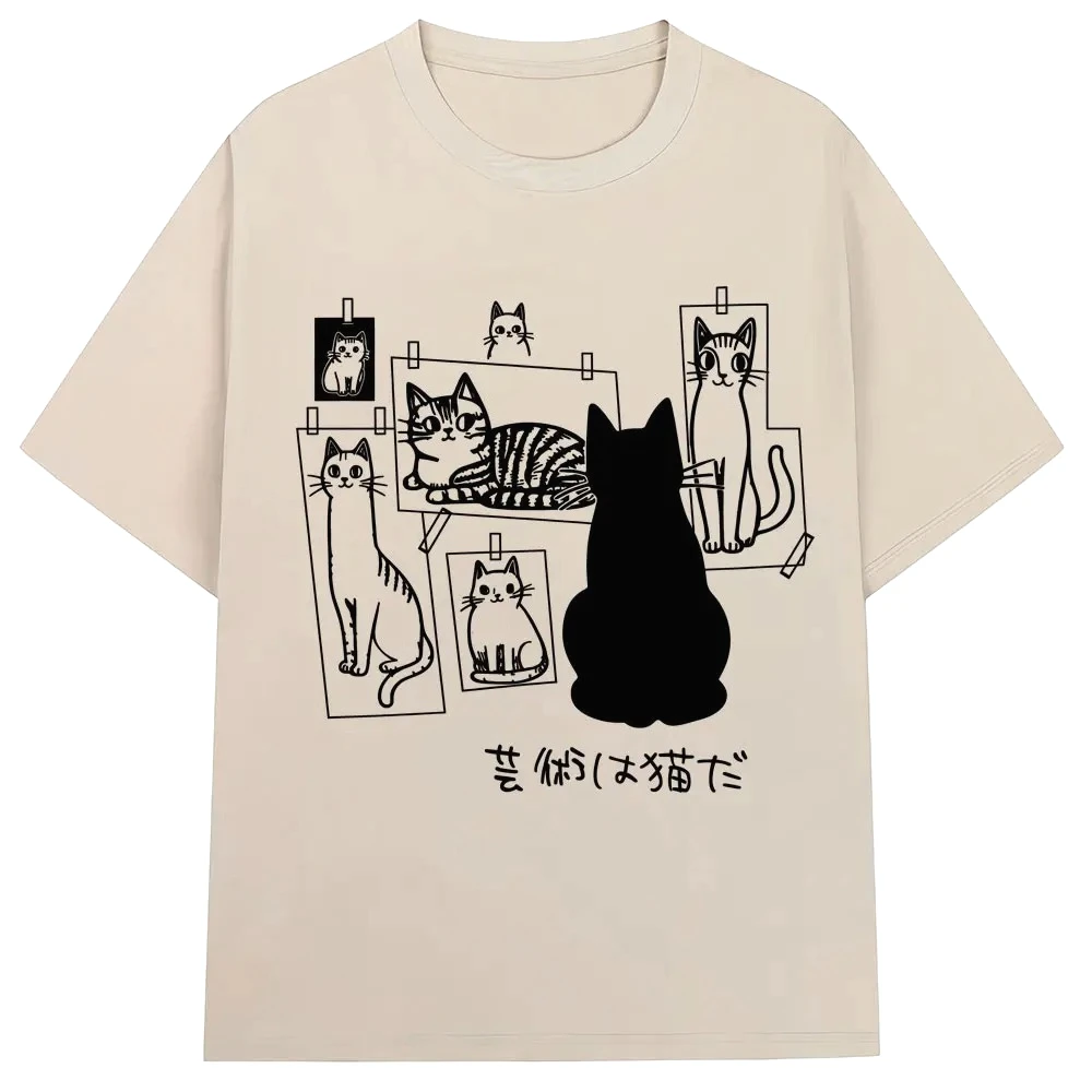 Camiseta de manga corta con cuello redondo para mujer, estilo japonés, divertido estampado de gato negro, estilo vintage, informal, Harajuku, para verano