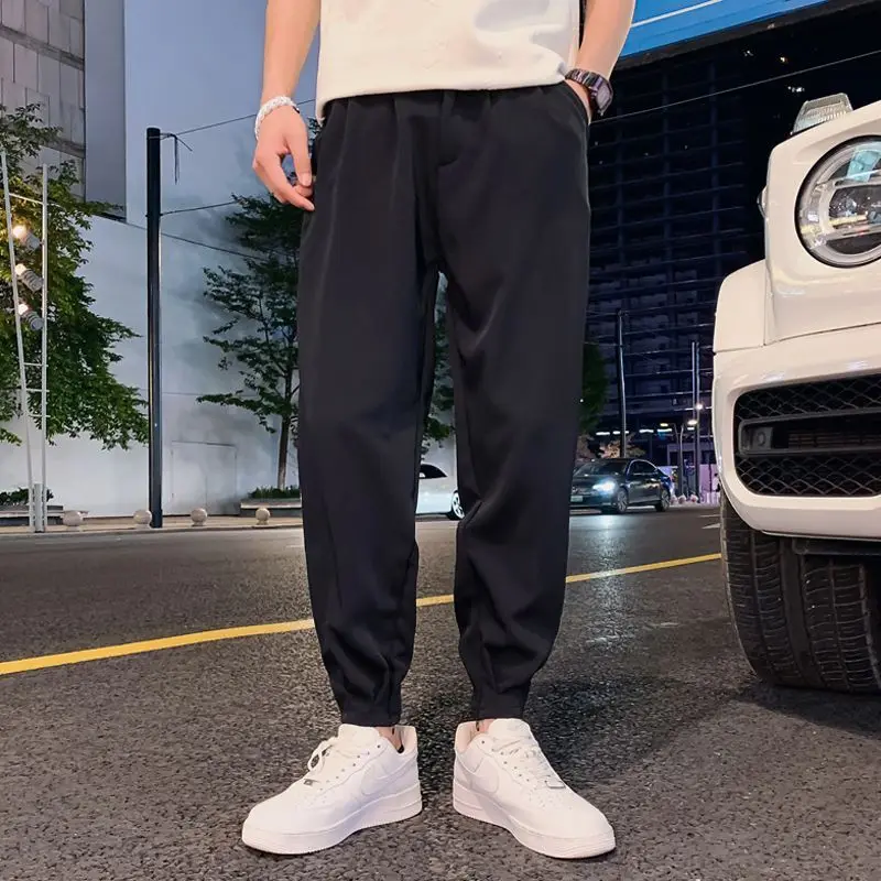 Men's Solid Color Trousers 2025 Spring and Summer New Versatile Tying Loose Harem Pants for Young Feet Drooping Casual Pants