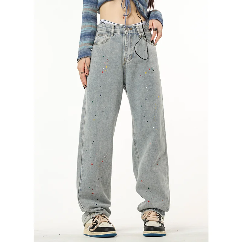 Vintage Blue High Waist Women Jeans Graffiti American Fashion Streetwear Wide Leg Jean Female Winter Trouser Baggy Denim Pants