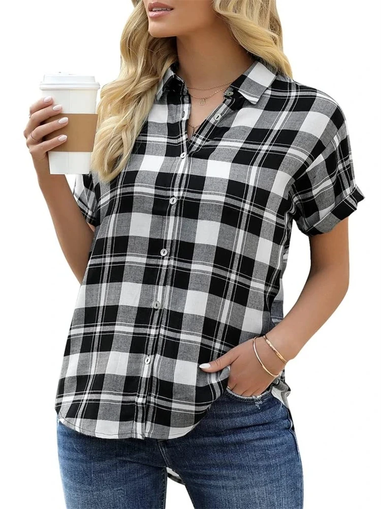 Spring And Summer Commuter Casual Women\'s Short Sleeve Blouse Lapel Button Down Shirt Plaid Printed Women\'s Short Sleeve Shirt