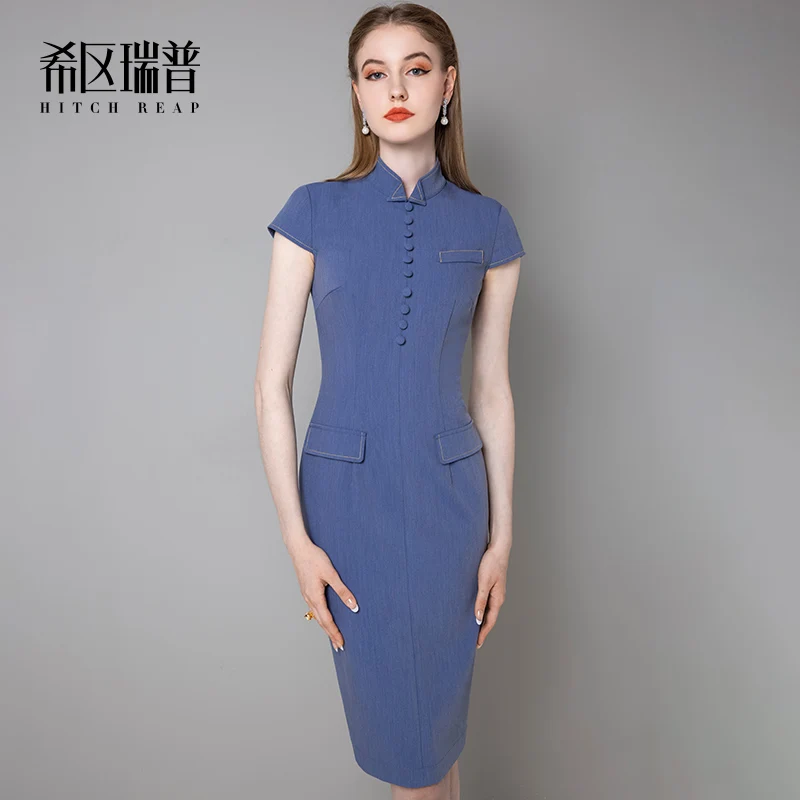 

High end celebrity dress new summer improved cheongsam shoulder wrap sleeve temperament slim skirt