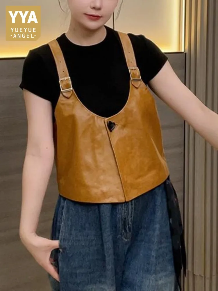 

Женский жилет из натуральной кожи с круглым вырезом в стиле отдыха, свободный однотонный жилет без рукавов с одной пуговицей и пряжкой, верхняя одежда из овчины