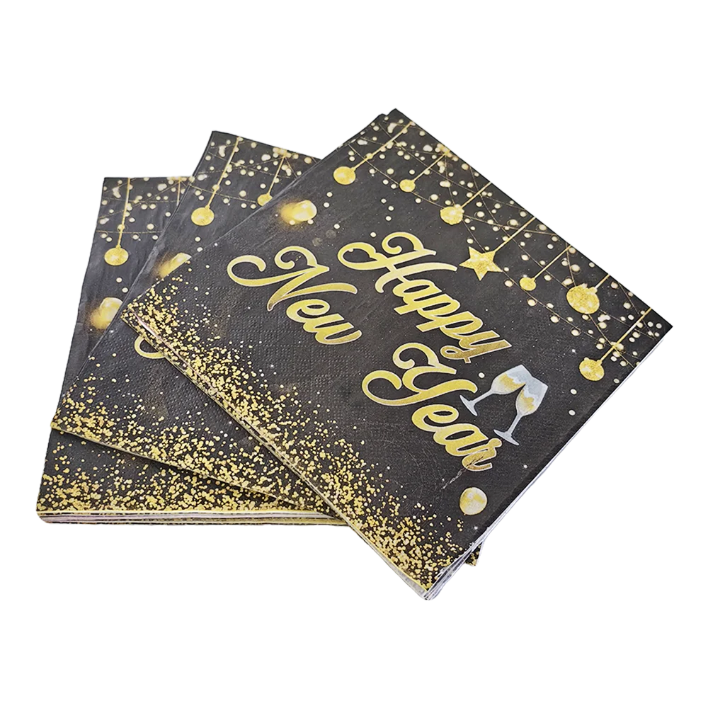 20/80/160pcs New Year Theme Disposable Paper Napkins Black Golden Happy New Year 2025 Party Decoration Supplies