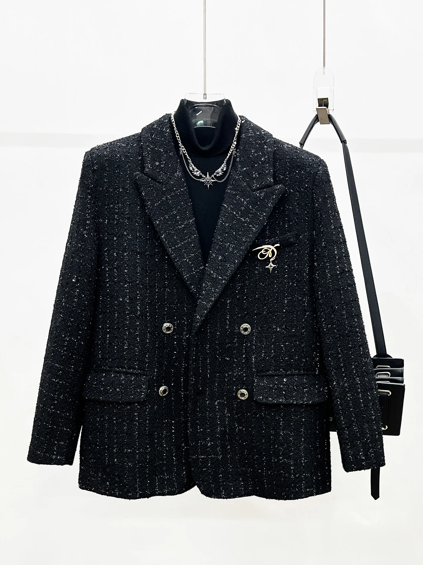 

Autumn Winter New Style Black Tweed Double Breasted Men's Suit Jacket Loose Shoulder Pad Casual Fashion Trending