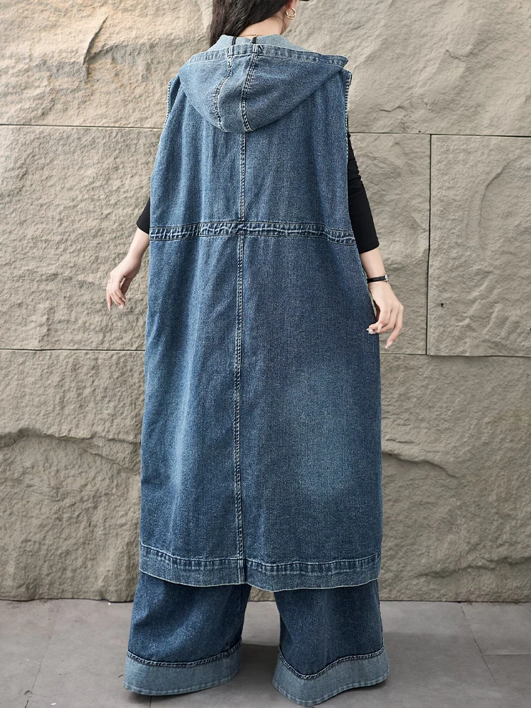 Amax LuluE Korean Ladies Autumn Denim Long Vest Fashion Loose Hooded Sleeveless Coats Womens Classic Casual Vintage Waistcoats