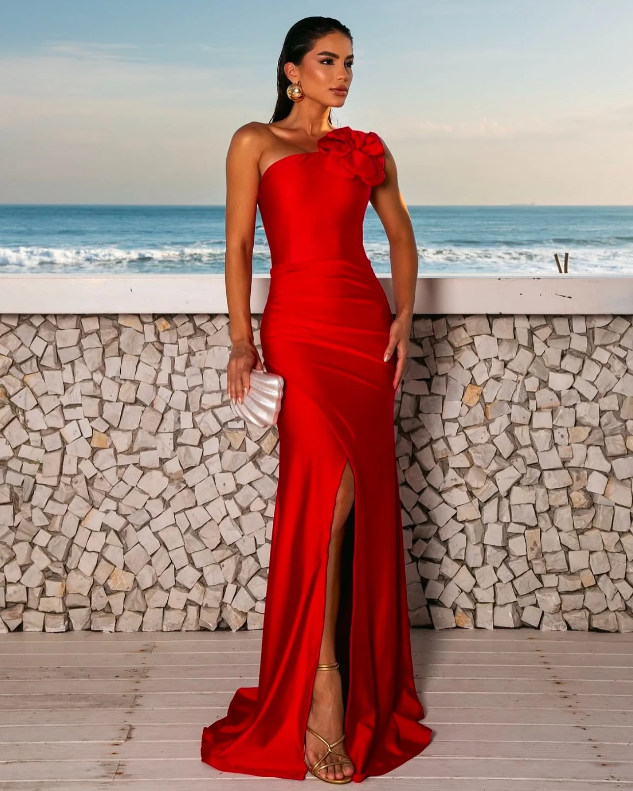 

Customized Sexy Satin Mermaid One Shoulder 3D Flowers Evening Dresses Delicate Sleeveless Prom Dress Custom Made Party Dress