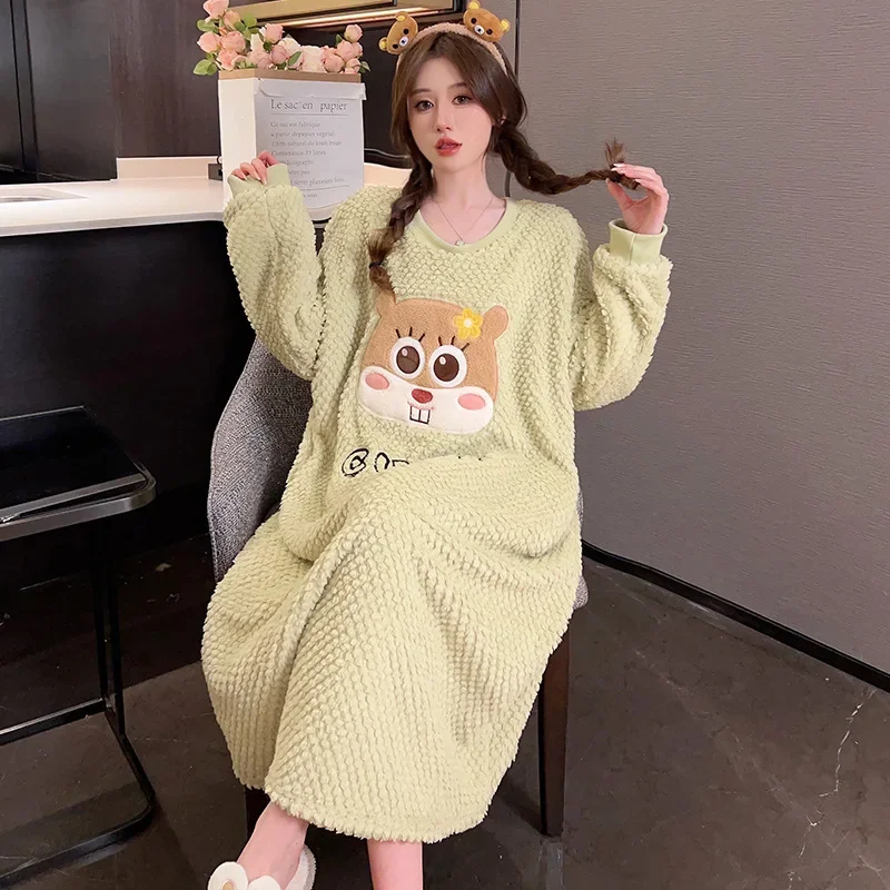 150kg 5XL Thicken Coral Fleece Nightgown Women Large Size Pajamas Autumn Winter Thickened Home Dress Sweet Cartoon Loungewear