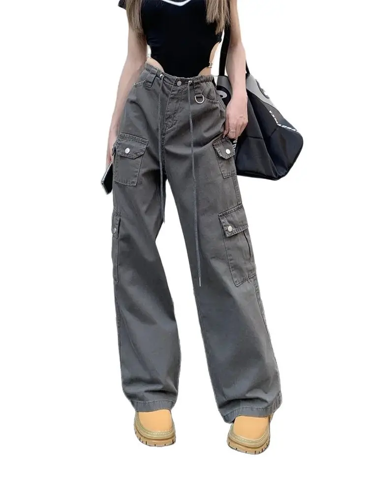 

Harajuku Streetwear Retro Multiple pockets Women High Waist Jeans Loose Wide Leg Straight Loose Denim Trousers Y2K Baggy Pants