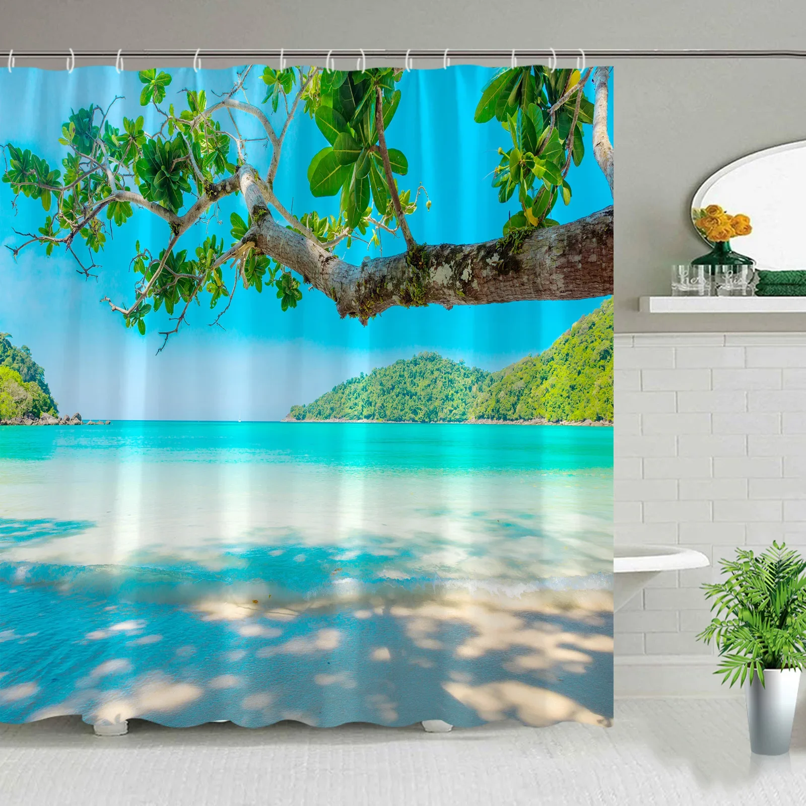 Hawaii Landscape Outdoor Shower Curtain Island Beach Coconut Tropical Ocean Natural Landscape Hanging Curtain Bathroom Decor Set