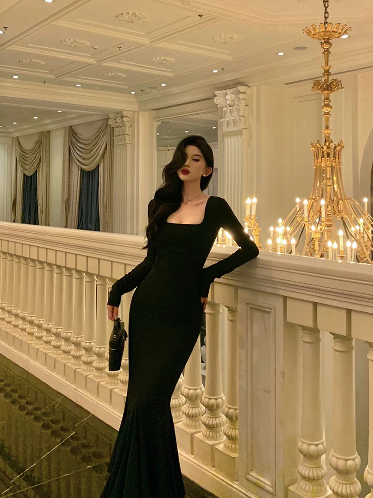 フランスのエレガントなスタイルのボディコンフィッシュテールロングドレス、スクエアネック、長袖、ハイウエスト、スリムフィット、黒のイブニングドレス、女性用、秋