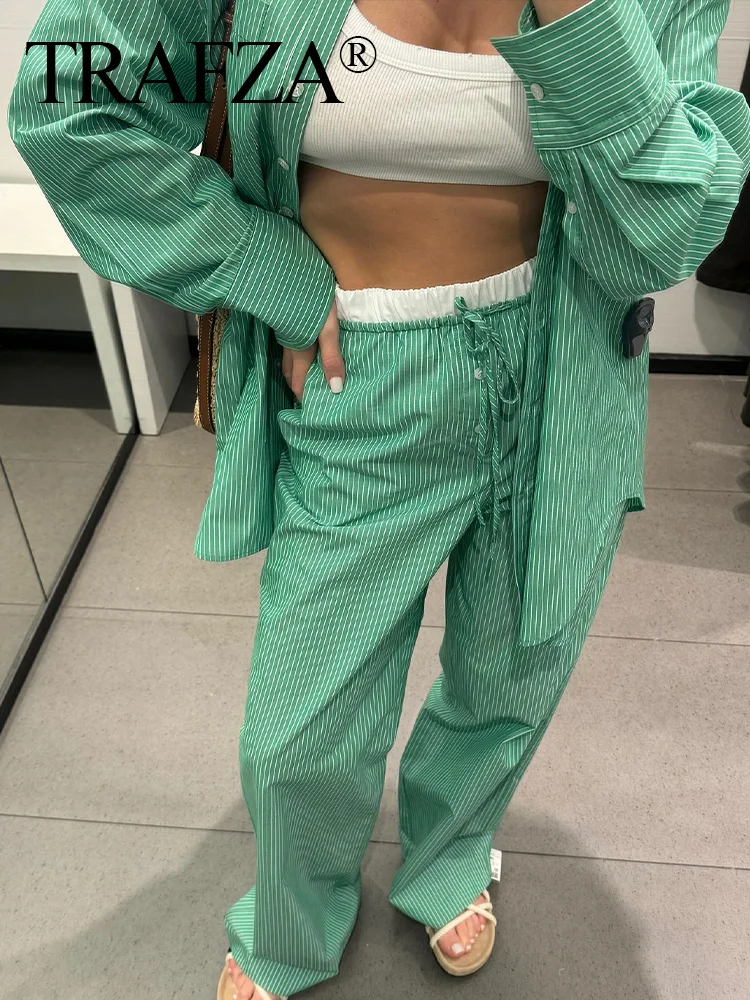 TRAFZA 2024 Woman Green Turn-Down Collar Long Sleeves Single Breasted Shirts+Elastic Waist Lace-Up Pant Suits Woman Trendy