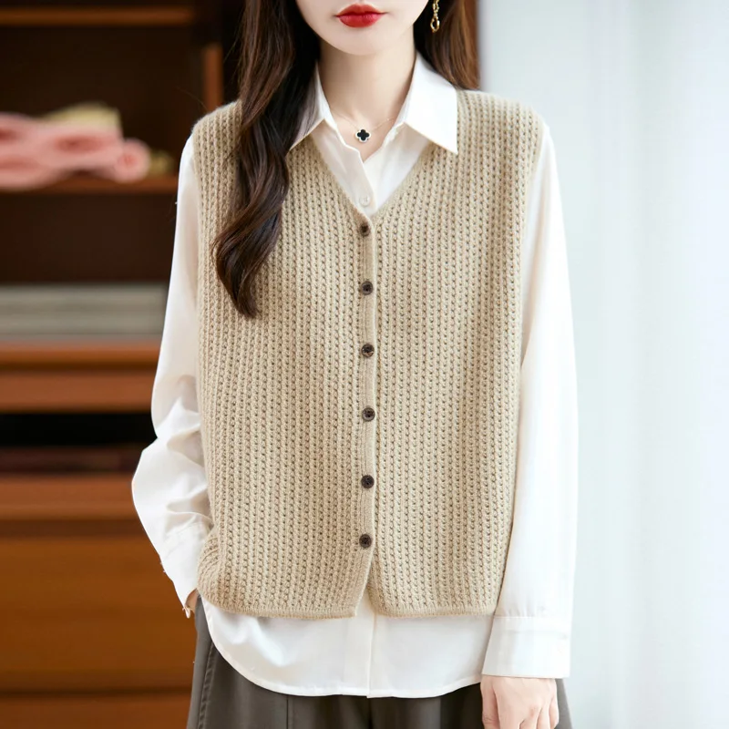 

% Wool Vest Women, Spring And Autumn Cardigan, Short Sleeveless Sweater, Layered Knitted Vest