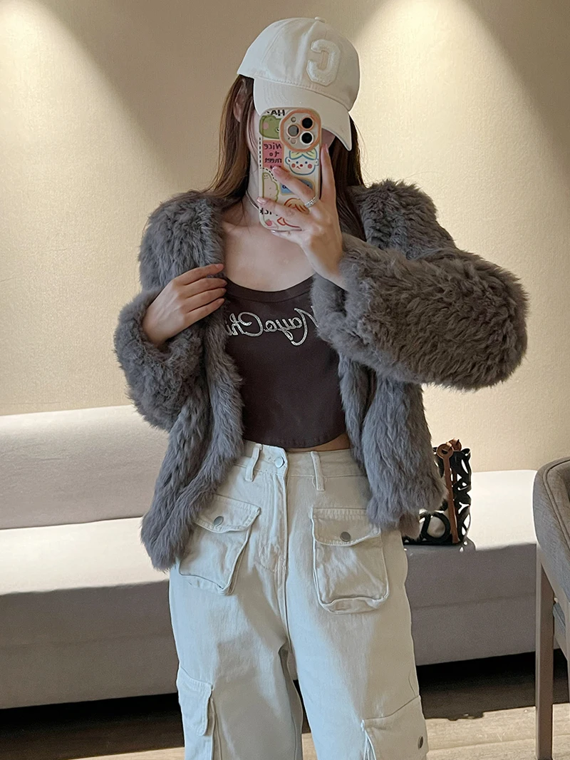 Autumn and winter rabbit fur double-sided woven/short + V-neck fur coats