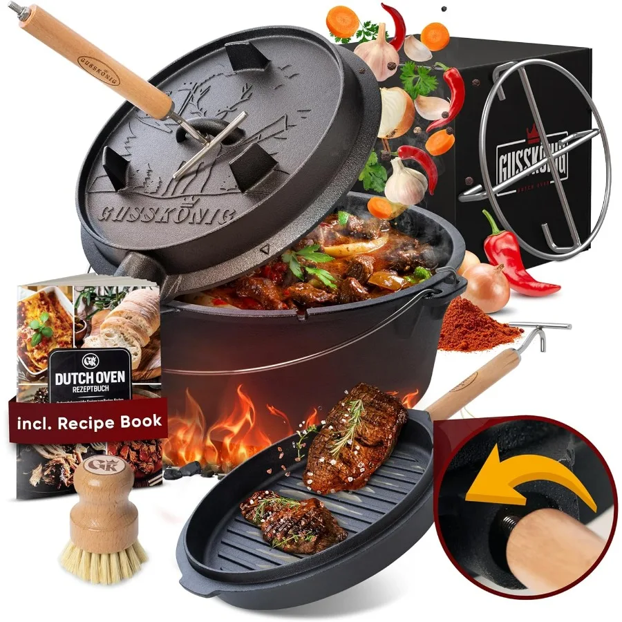 

PreSeasoned Dutch Oven Set 5 Quart Cast Iron Dutch Oven Pot with Lid Fire Pot without Feet for Bread Baking Cooking Includes 2i