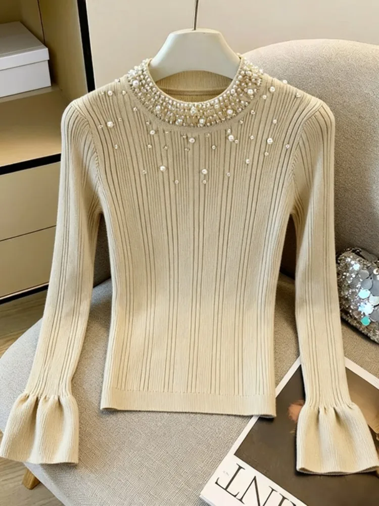 

Court Sle Heavy Bead f High Ne Knitwear Women's Slim Trumpet Sve Base irt Slimming Inner Wear Sweater