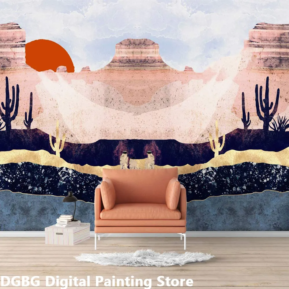 

Custom Murals Wallpaper Canvas Painting Picture Wall Posters Decoration Self Adhesive Desert Mountain Sun Illustrations Murales