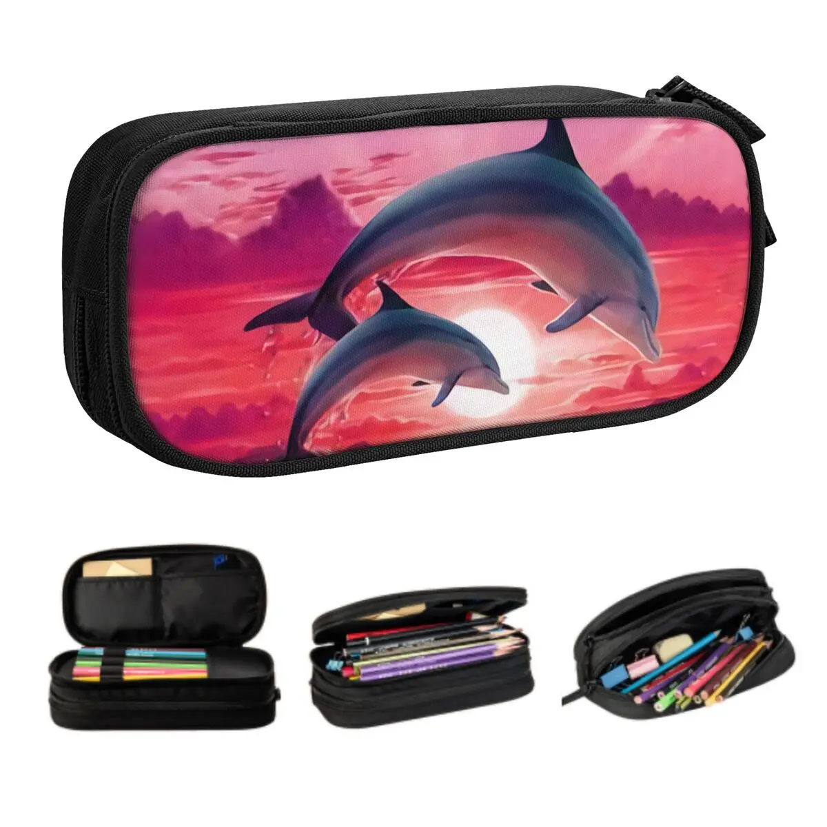 Sunset Dolphins Dancers Customized Kawaii Pencil Cases Big Capacity Sea Creature Dolphin Pencil Bag Pouch Students Stationery