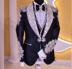 Luxury Beaded Crystals Men Suits Shawl Lapel Groom Tuxedos 3 Pieces Sets Male Party Prom Blazer Wedding Dinner vestido de novia